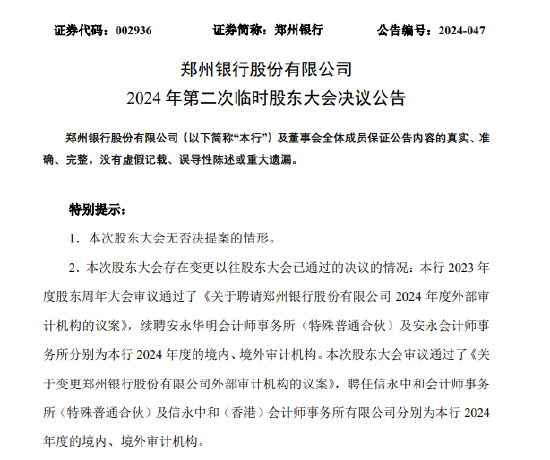 郑州银行:审议通过了《关于变更郑州银行股份有限公司外部审计机构的议案》