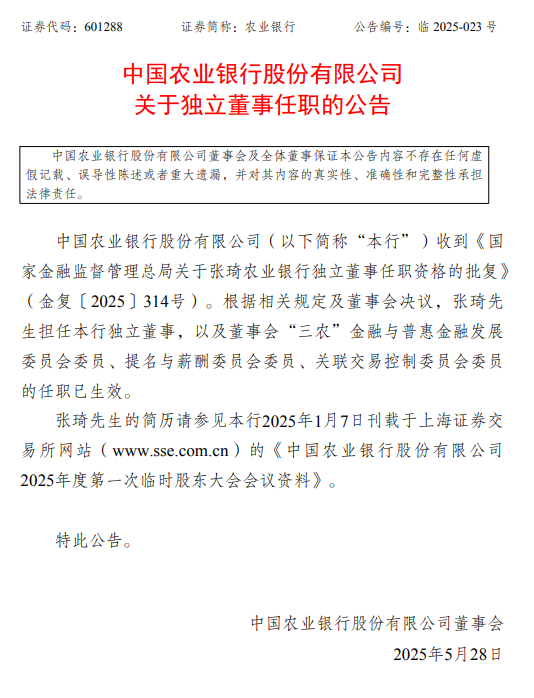 农业银行：张琦获任独立非执行董事